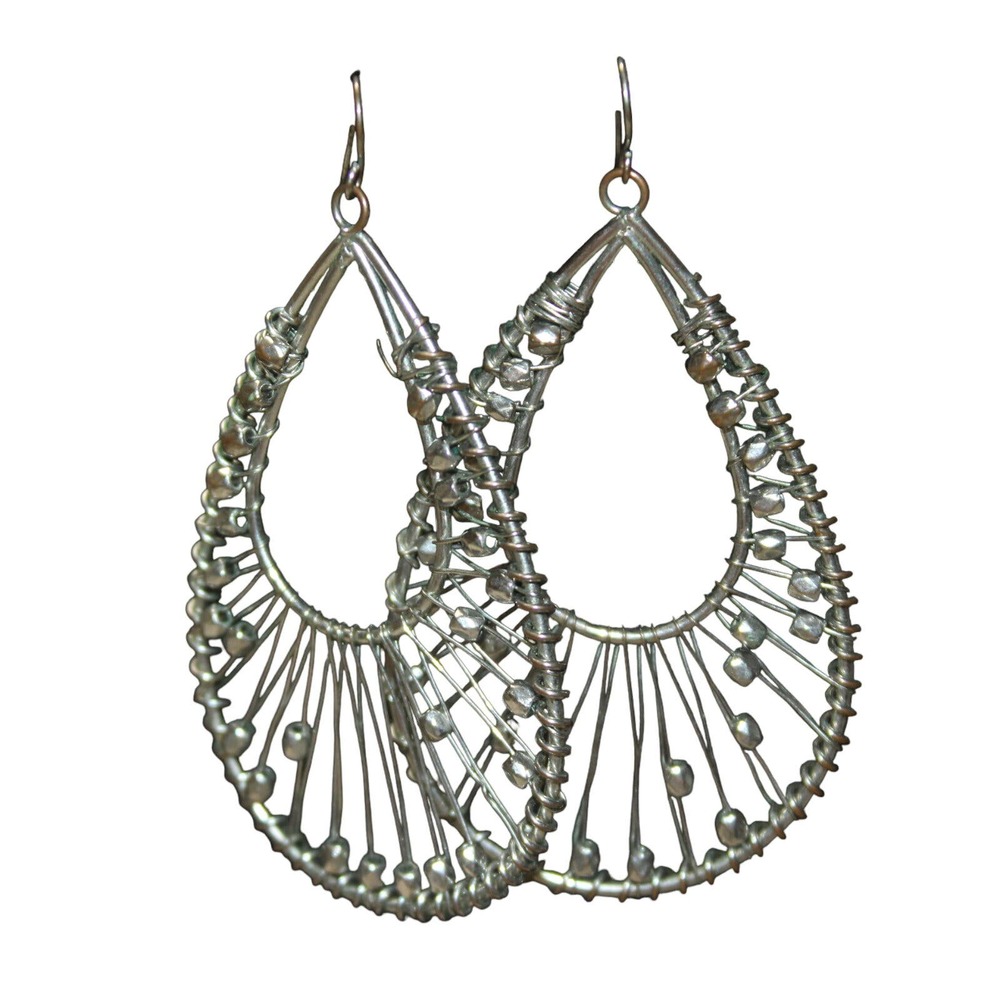 Dangling Chrome Silver Tone Woven Bead Teardrop Large Hoop Earrings